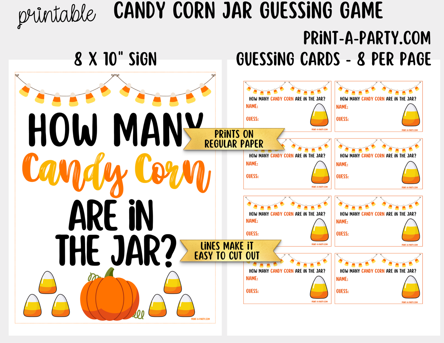 Fall Candy Corn Jar Guessing Game Printable Sign (8x10) & Guessing Cards for holiday parties, office, décor and events
