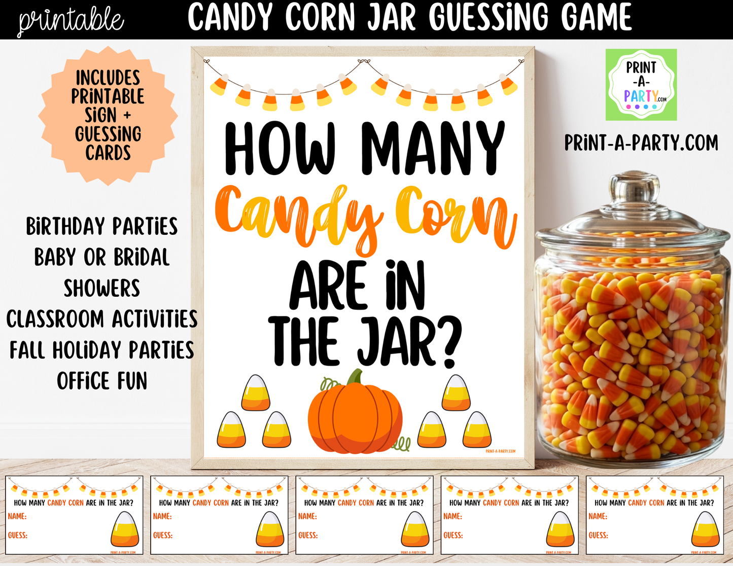 Fall Candy Corn Jar Guessing Game Printable Sign (8x10) & Guessing Cards for holiday parties, office, décor and events