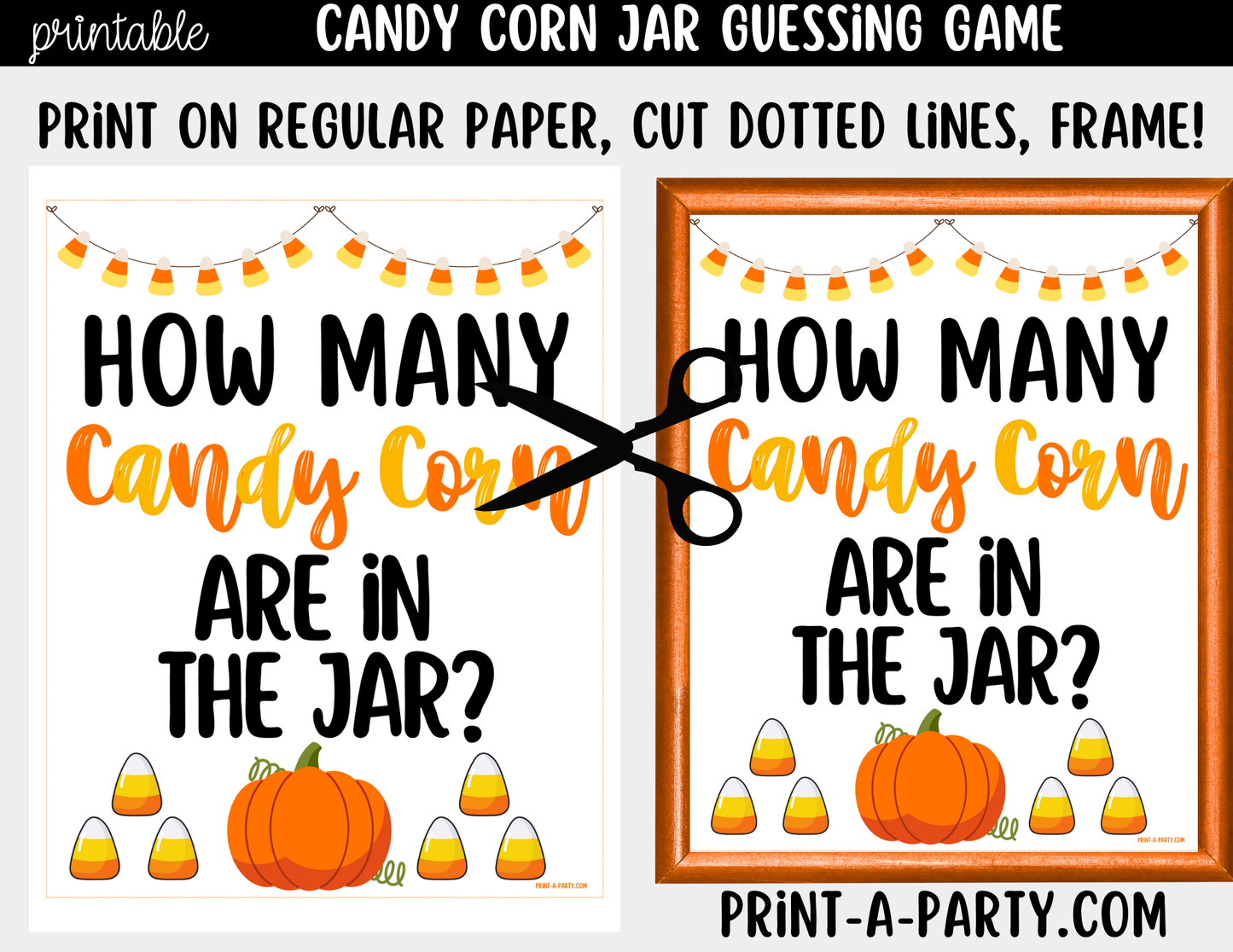 Fall Candy Corn Jar Guessing Game Printable Sign (8x10) & Guessing Cards for holiday parties, office, décor and events