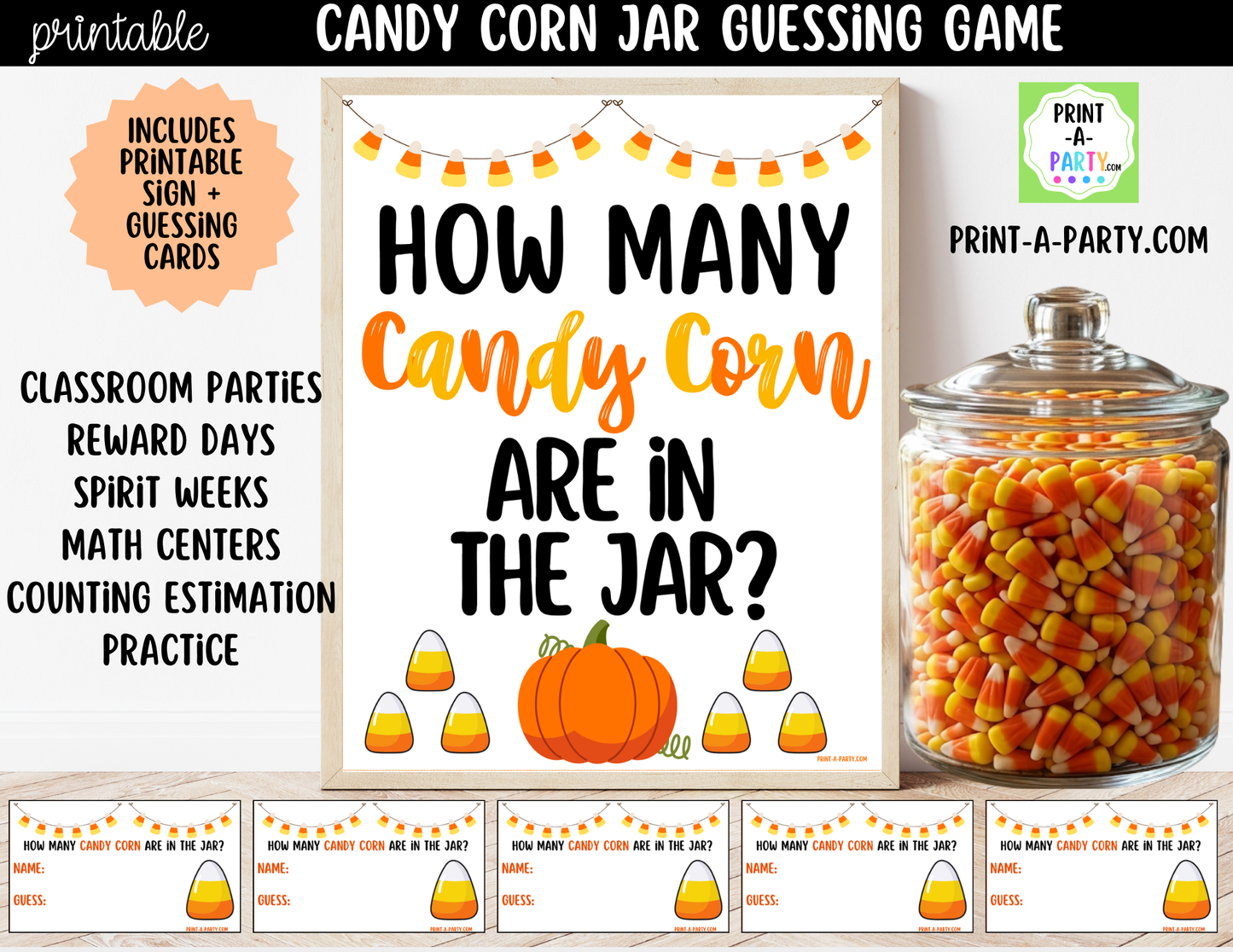 Fall Candy Corn Jar Guessing Game Printable Sign (8x10) & Guessing Cards for holiday parties, office, décor and events