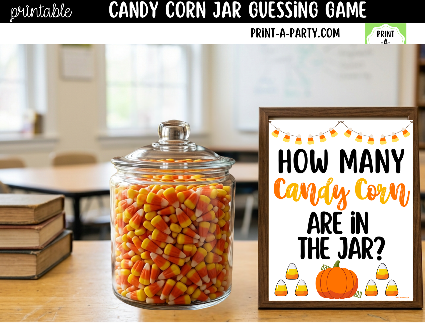 Fall Candy Corn Jar Guessing Game Printable Sign (8x10) & Guessing Cards for holiday parties, office, décor and events