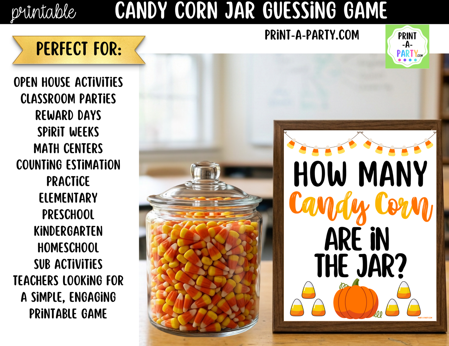 Fall Candy Corn Jar Guessing Game Printable Sign (8x10) & Guessing Cards for holiday parties, office, décor and events
