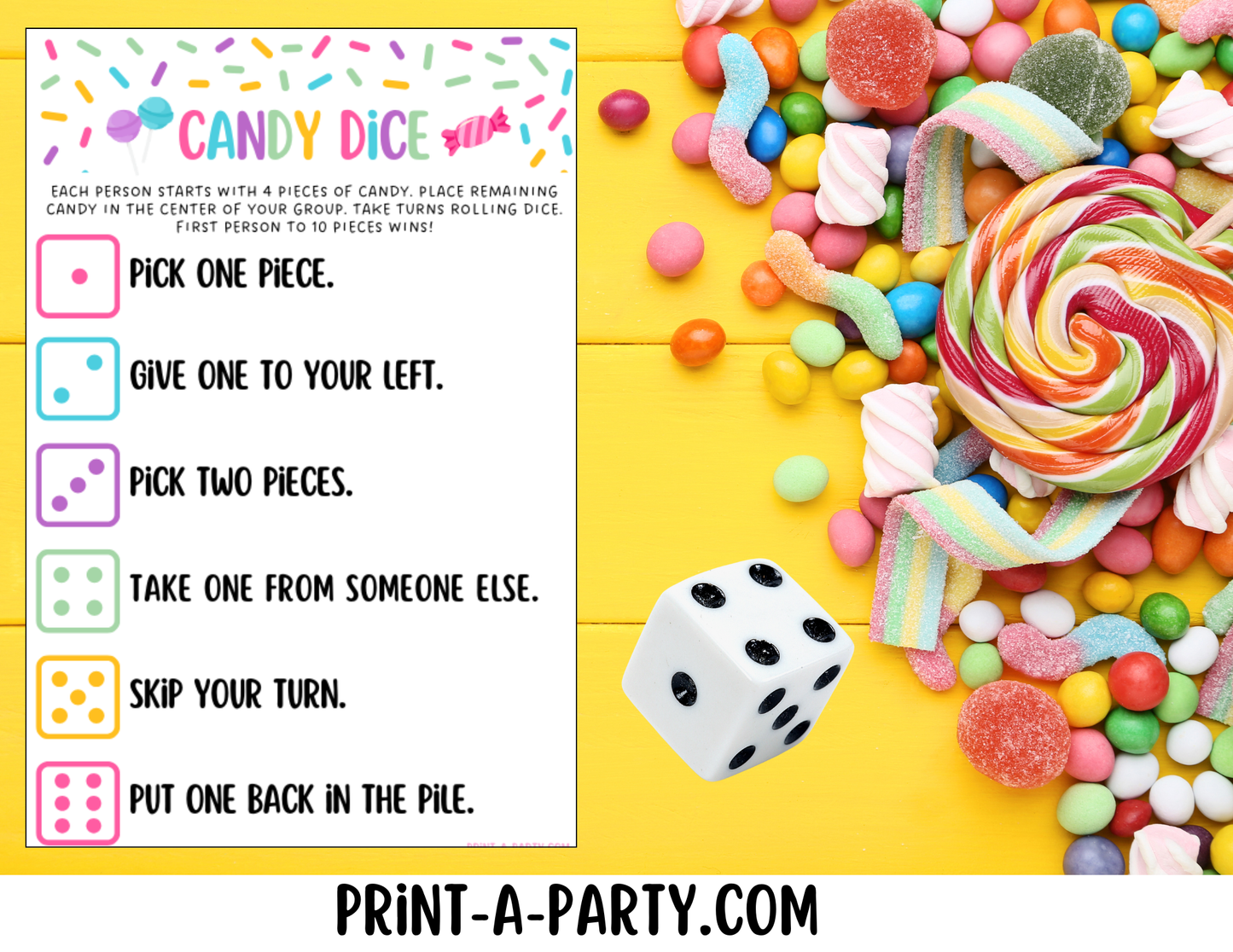 CANDY DICE GAME - Printable Candy Dice Game – Fun Party Game for Kids & Families