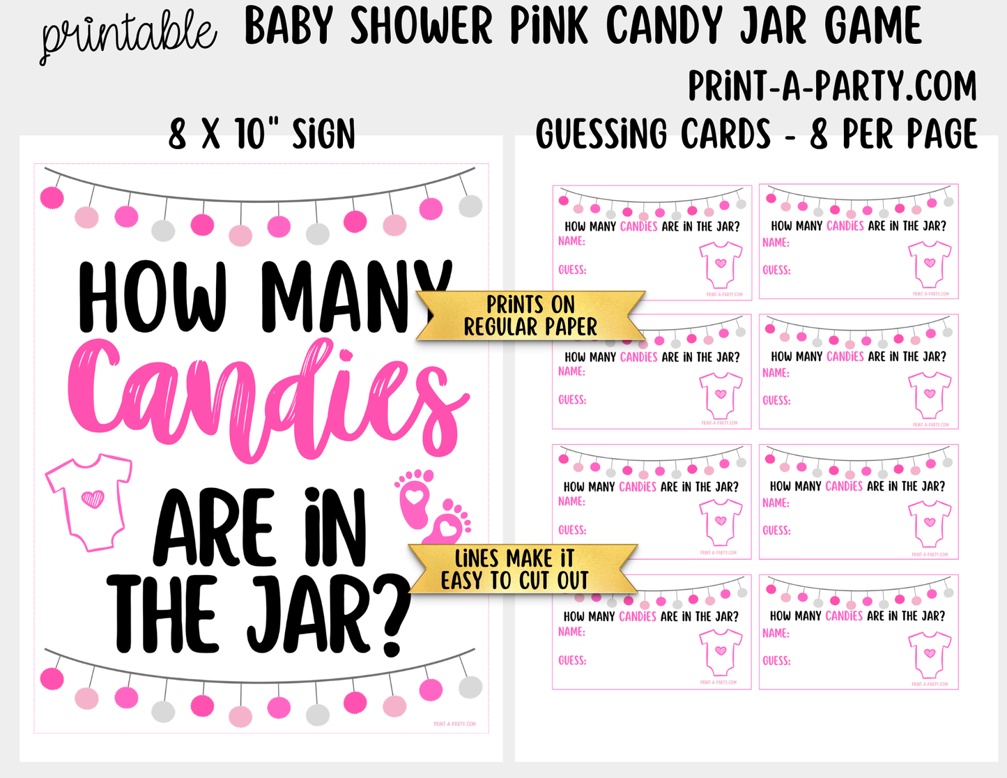 Baby Shower Candy Jar Guessing Game Pink Printable Sign (8x10) & Cards | Guess How Many Candies