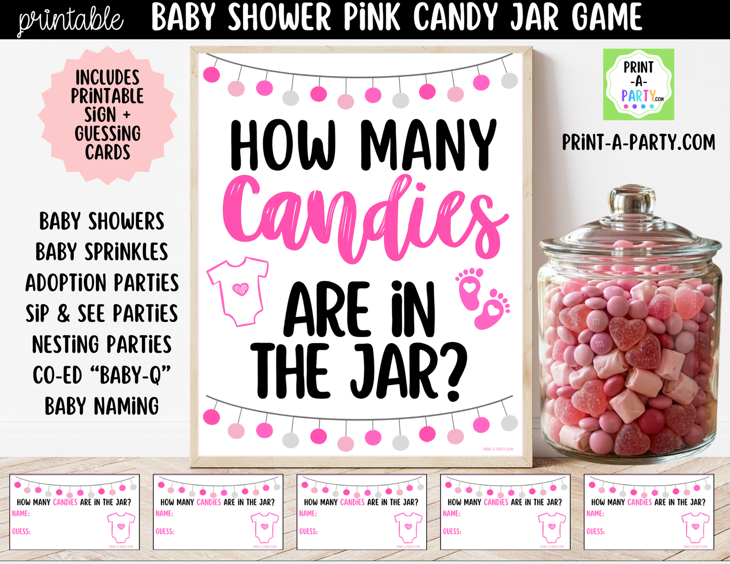 Baby Shower Candy Jar Guessing Game Pink Printable Sign (8x10) & Cards | Guess How Many Candies