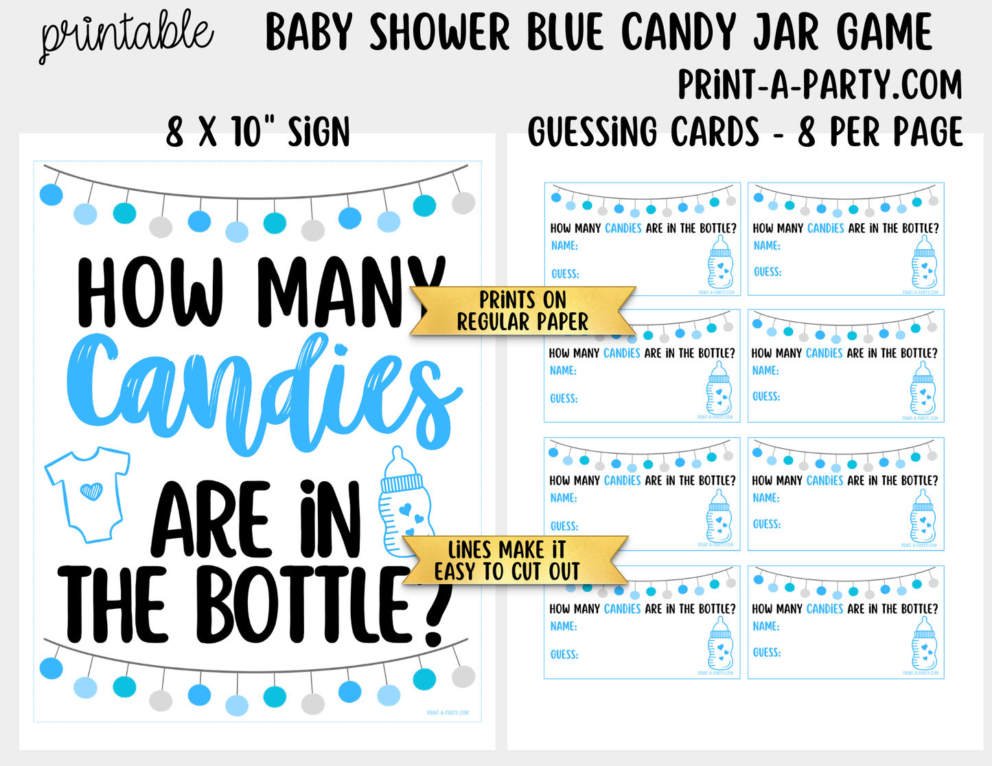 Baby Shower Candy Bottle Guessing Game Blue Printable Sign (8x10) & Cards | How Many Candies