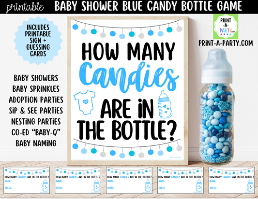 Baby Shower Candy Bottle Guessing Game Blue Printable Sign (8x10) & Cards | How Many Candies