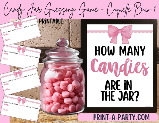 CANDY JAR GUESSING GAME for Baby Bridal Shower or Birthday Party PINK BOW COQUETTE THEME 1 | How many candies in jar | Coquette Bow Aethestic