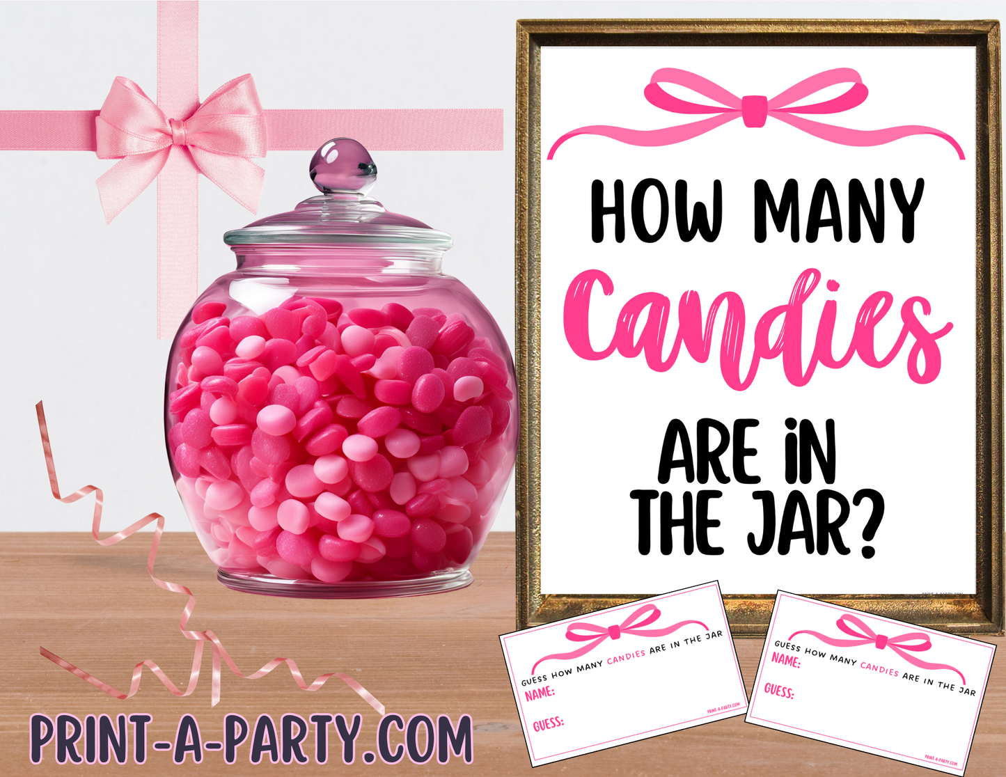 CANDY JAR GUESSING GAME for Baby Bridal Shower or Birthday Party PINK BOW COQUETTE THEME 2 | How many candies in jar | Coquette Bow Aethestic