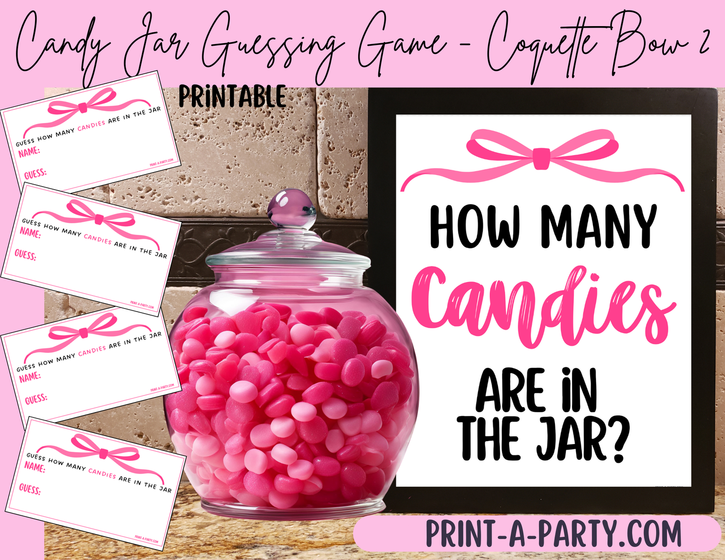 CANDY JAR GUESSING GAME for Baby Bridal Shower or Birthday Party PINK BOW COQUETTE THEME 2 | How many candies in jar | Coquette Bow Aethestic