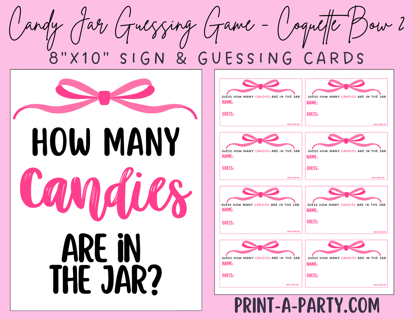 CANDY JAR GUESSING GAME for Baby Bridal Shower or Birthday Party PINK BOW COQUETTE THEME 2 | How many candies in jar | Coquette Bow Aethestic