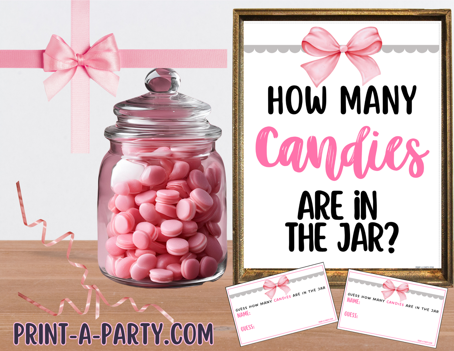 CANDY JAR GUESSING GAME for Baby Bridal Shower or Birthday Party PINK BOW COQUETTE THEME 3 | How many candies in jar | Coquette Bow Aethestic