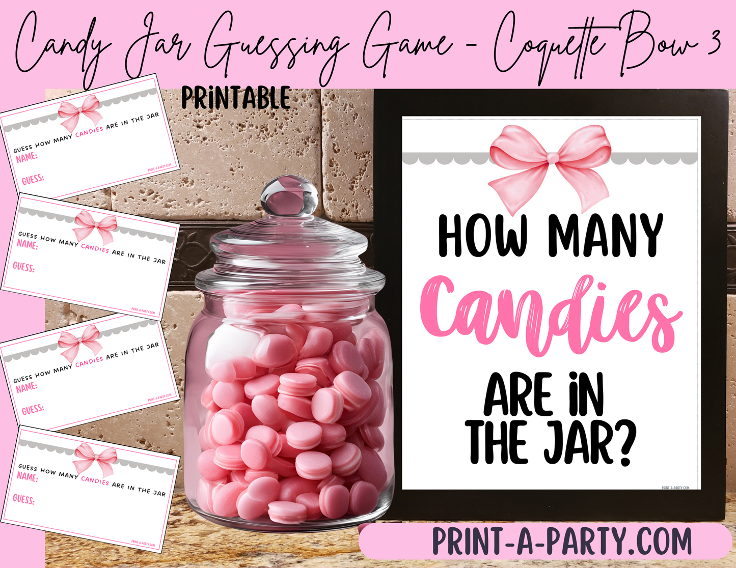 CANDY JAR GUESSING GAME for Baby Bridal Shower or Birthday Party PINK BOW COQUETTE THEME 3 | How many candies in jar | Coquette Bow Aethestic