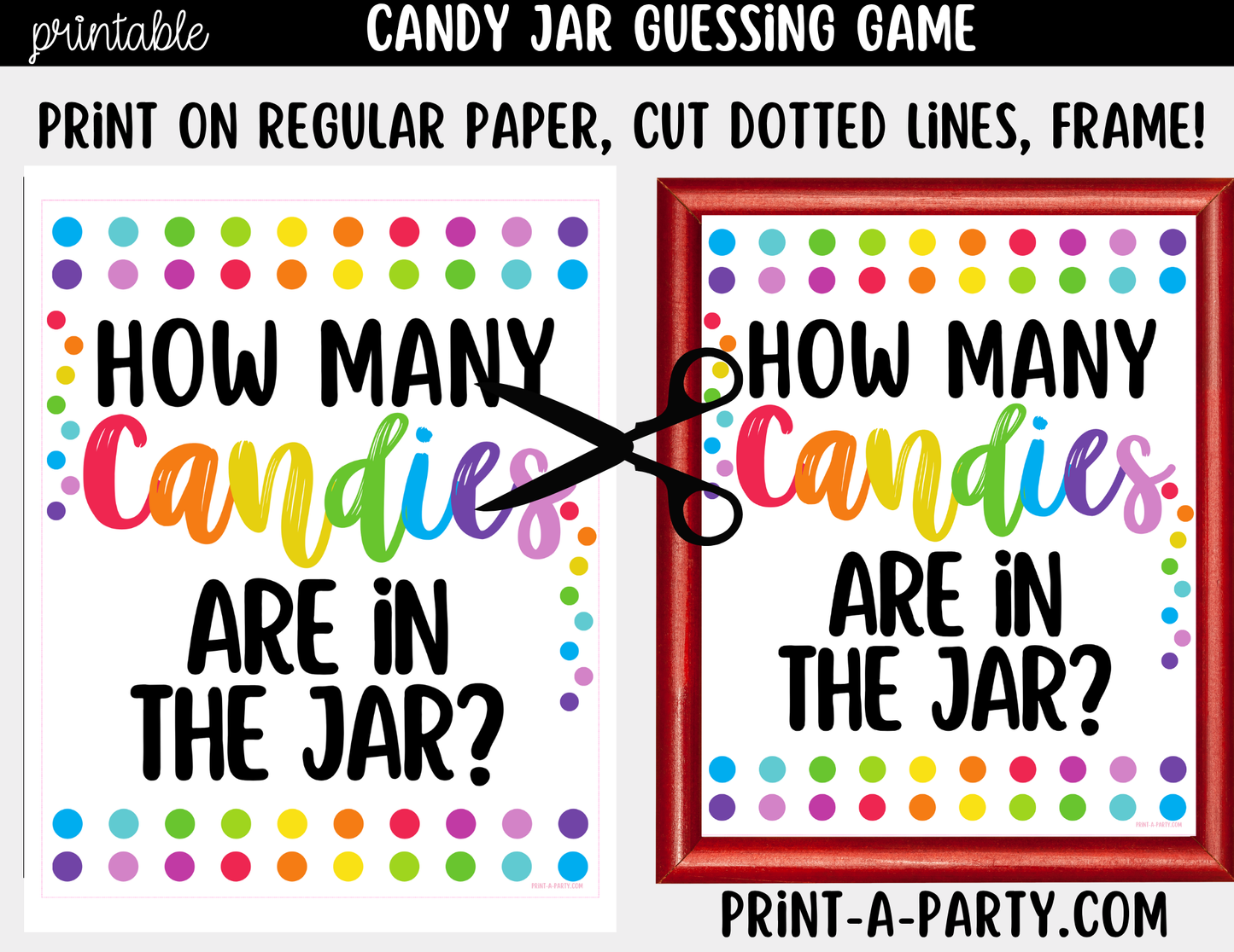 Colorful Candy Jar Guessing Game Printable Sign (8x10) & guessing cards for parties, classrooms, decor