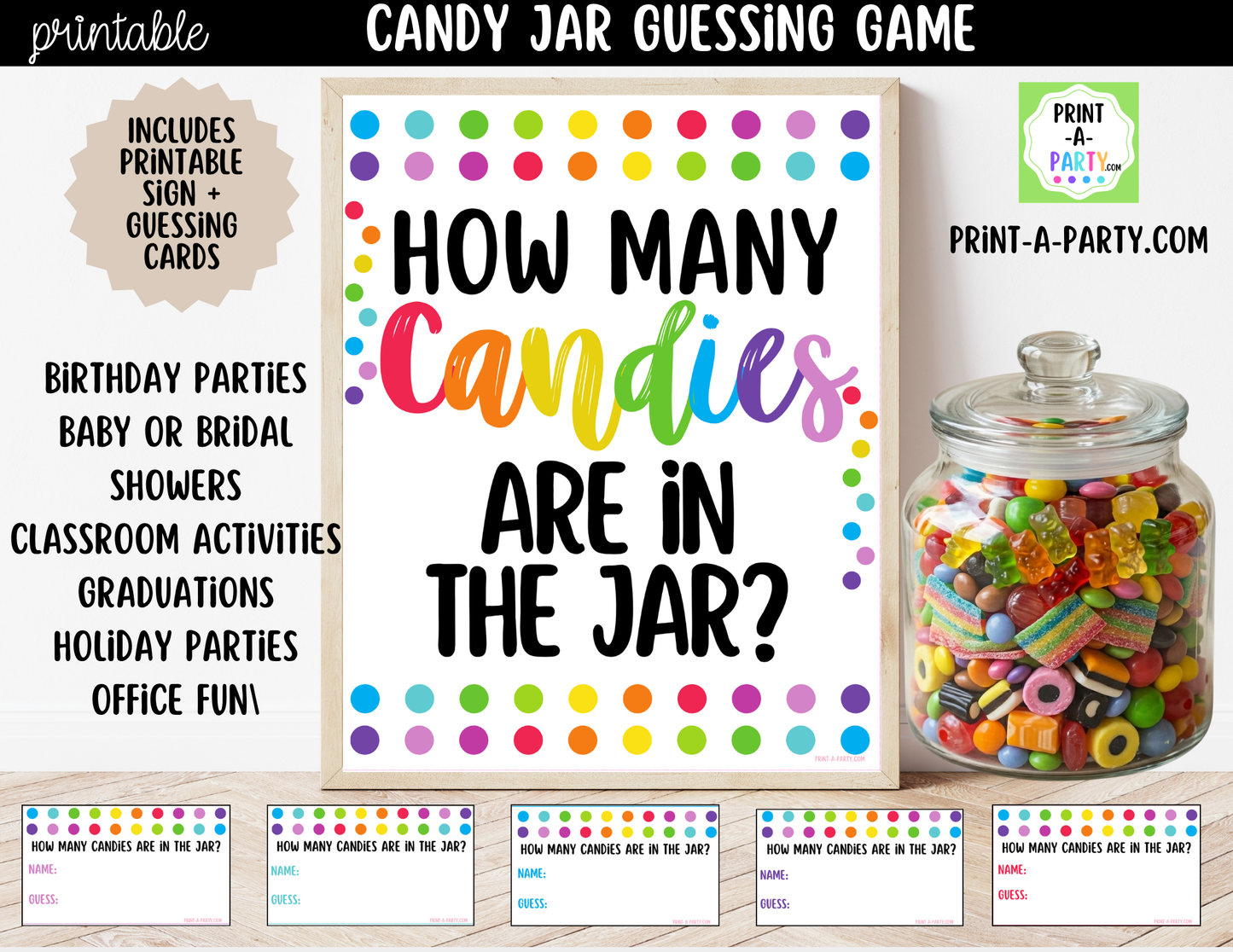 Colorful Candy Jar Guessing Game Printable Sign (8x10) & guessing cards for parties, classrooms, decor