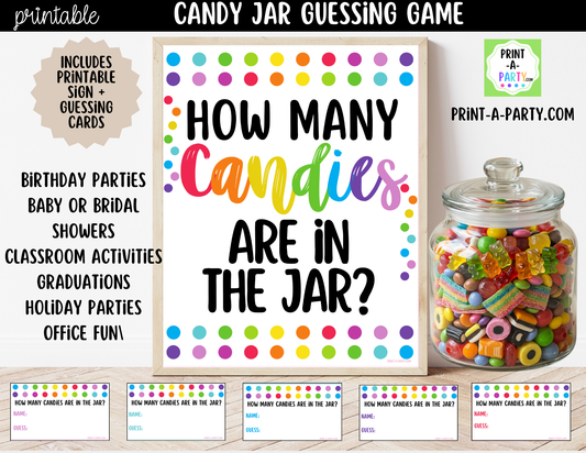 Colorful Candy Jar Guessing Game Printable Sign (8x10) & guessing cards for parties, classrooms, decor