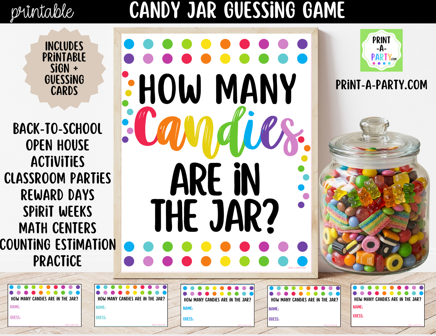 Colorful Candy Jar Guessing Game Printable Sign (8x10) & guessing cards for parties, classrooms, decor