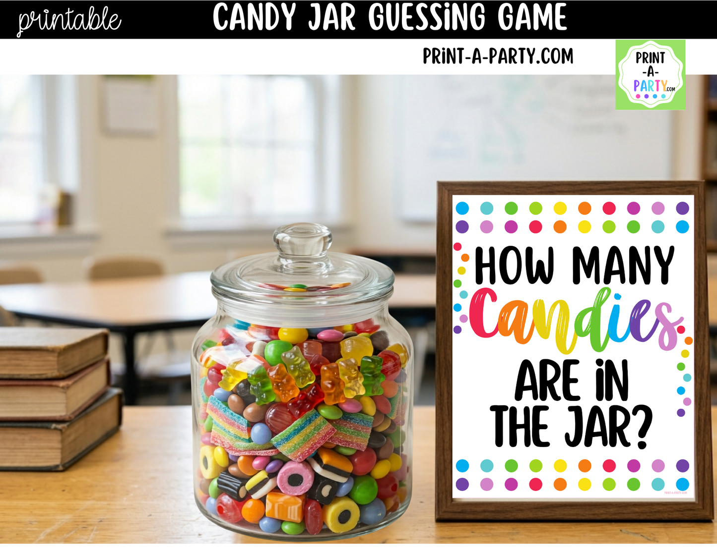 Colorful Candy Jar Guessing Game Printable Sign (8x10) & guessing cards for parties, classrooms, decor