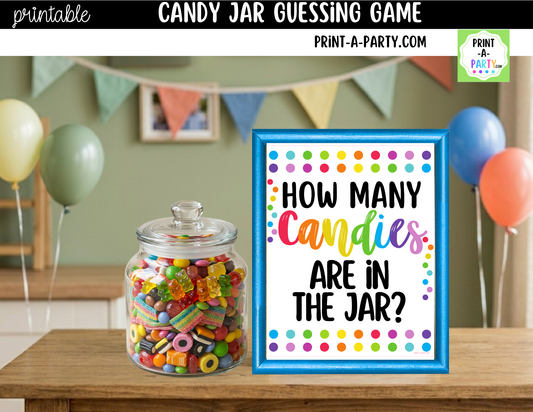 Colorful Candy Jar Guessing Game Printable Sign (8x10) & guessing cards for parties, classrooms, decor