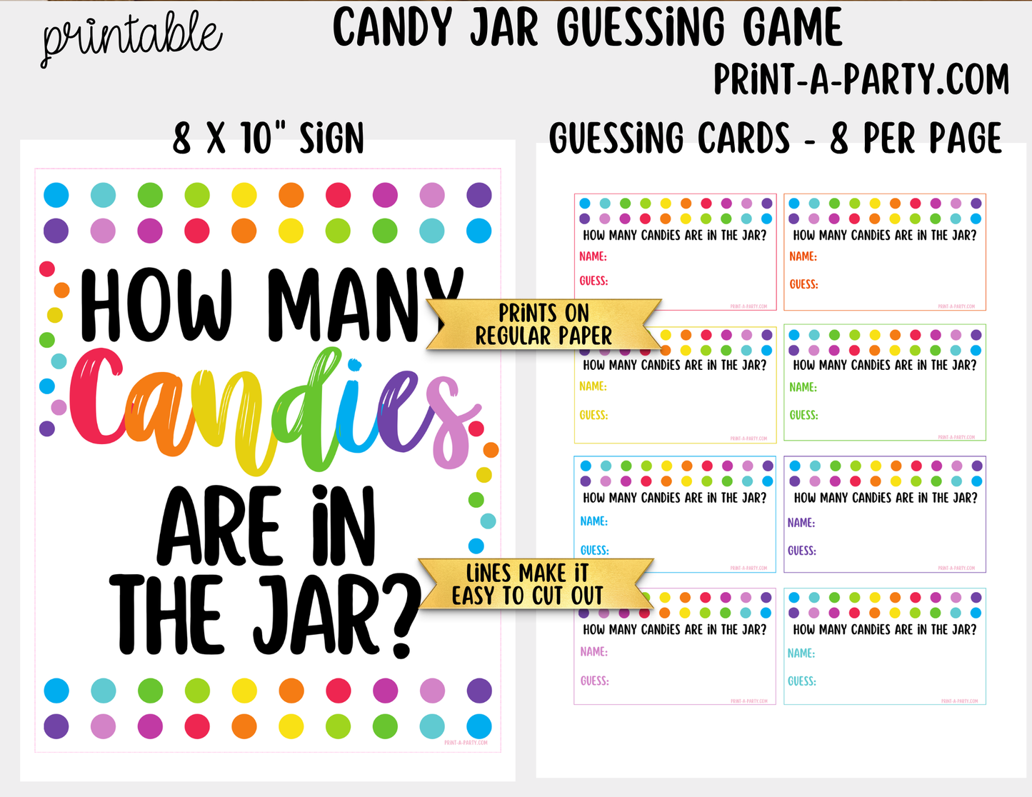 Colorful Candy Jar Guessing Game Printable Sign (8x10) & guessing cards for parties, classrooms, decor