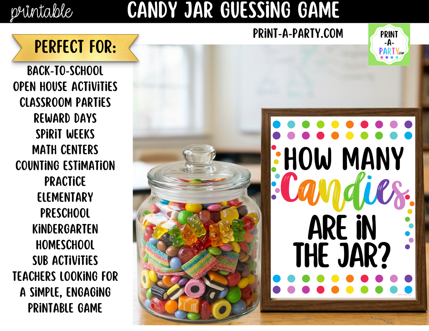 Colorful Candy Jar Guessing Game Printable Sign (8x10) & guessing cards for parties, classrooms, decor