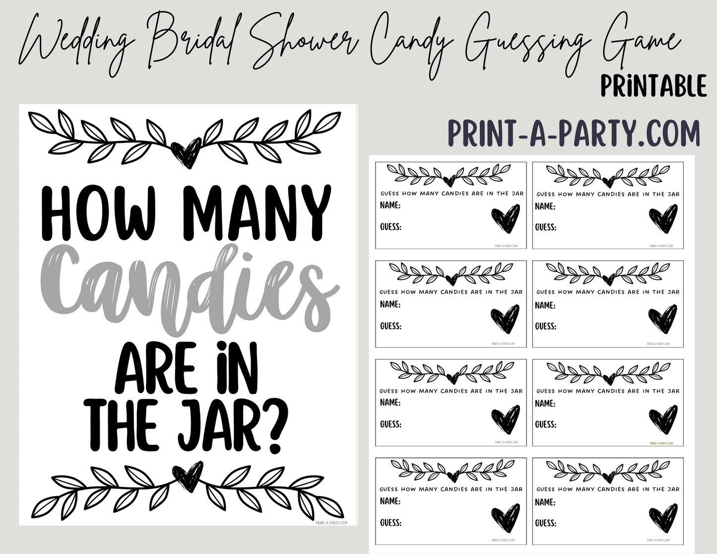 CANDY JAR GUESSING GAME | How many candies in jar | Classic Black White Wedding | Vine Floral | Bridal Shower Game | Bridal Shower Decor | Wedding Shower Activity | Same Sex Wedding Shower Activities | Printable