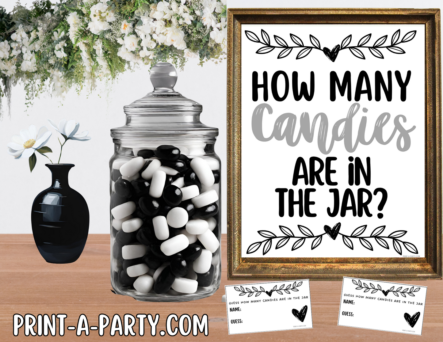 CANDY JAR GUESSING GAME | How many candies in jar | Classic Black White Wedding | Vine Floral | Bridal Shower Game | Bridal Shower Decor | Wedding Shower Activity | Same Sex Wedding Shower Activities | Printable