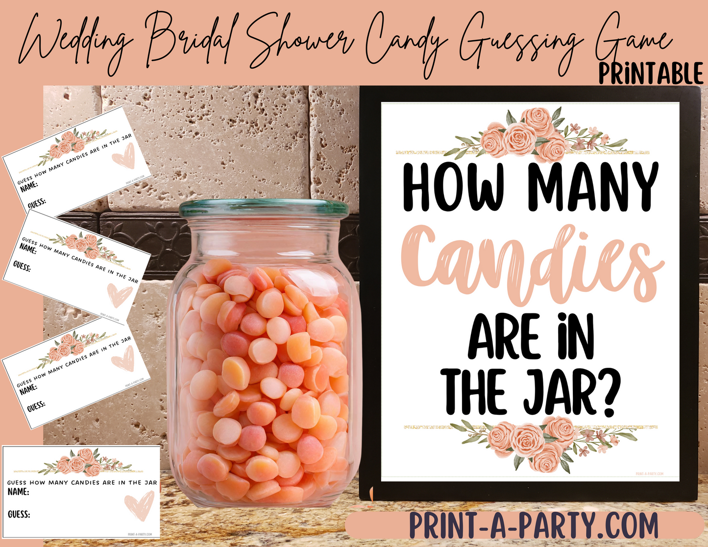 CANDY JAR GUESSING GAME | How many candies in jar | Pink Florals | Bridal Shower Game | Bridal Shower Decor | Wedding Shower Activity | Same Sex Wedding Shower Activities | Printable