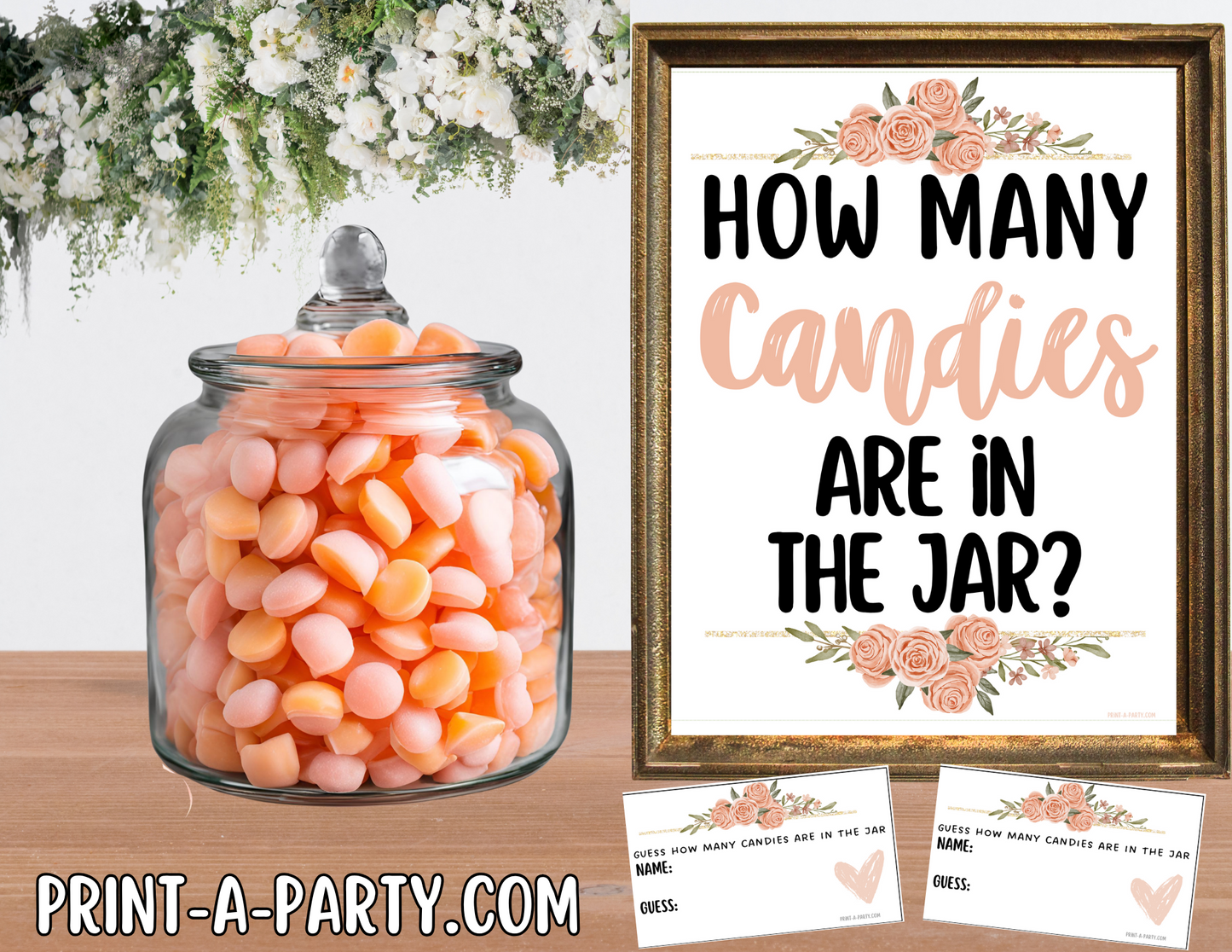 CANDY JAR GUESSING GAME | How many candies in jar | Pink Florals | Bridal Shower Game | Bridal Shower Decor | Wedding Shower Activity | Same Sex Wedding Shower Activities | Printable