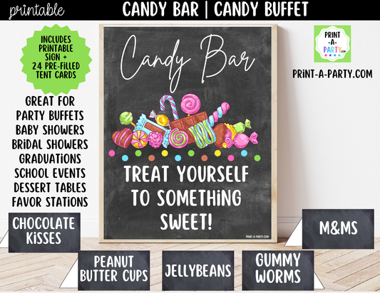 Candy Bar, Candy Buffet Sign (8x10) + Tent Cards Printable – Sweet Table Decor for Birthdays, Weddings, Showers