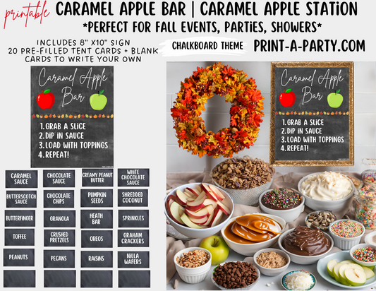 CARAMEL APPLE BAR | CARAMEL APPLE STATION Setup - Chalkboard | Caramel Apple Bar Sign | Food Station for Party | Food Bar for Party | Fall Party Idea | Fall Shower | DIY Make Your Own Caramel Apples