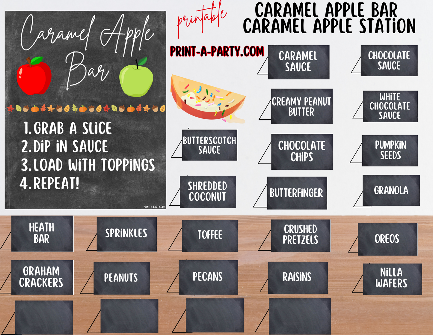 CARAMEL APPLE BAR | CARAMEL APPLE STATION Setup - Chalkboard | Caramel Apple Bar Sign | Food Station for Party | Food Bar for Party | Fall Party Idea | Fall Shower | DIY Make Your Own Caramel Apples