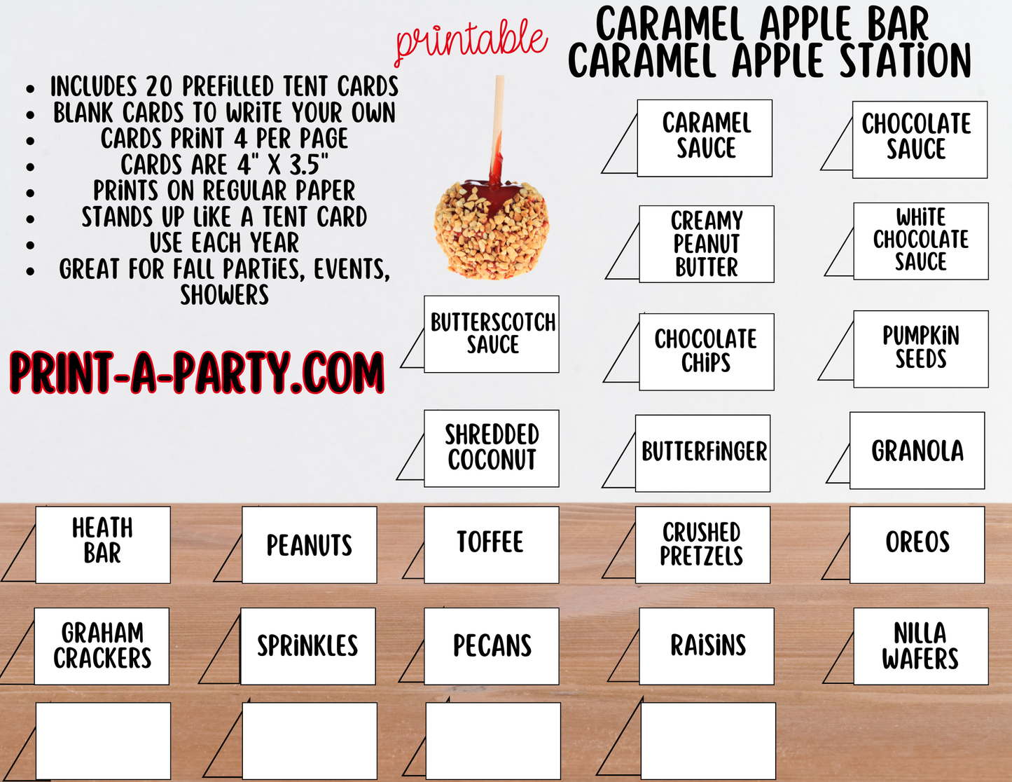 CARAMEL APPLE BAR - Printable Sign & Topping Tent Cards – Perfect for Fall Parties, Baby Showers, Weddings & More!