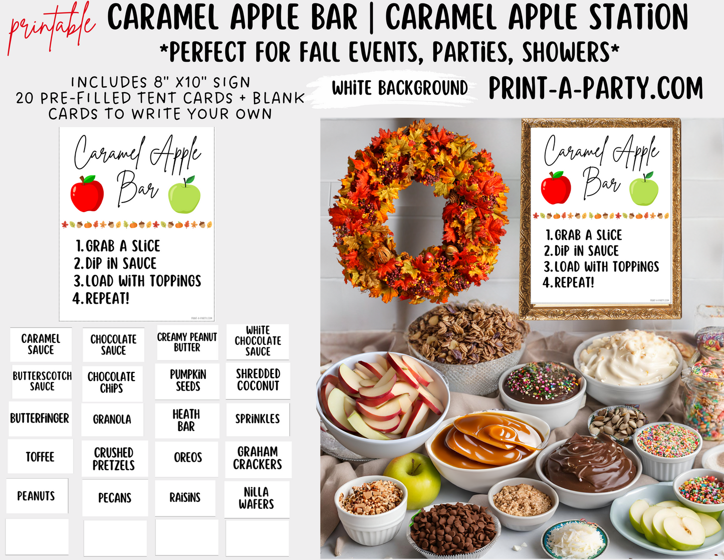 CARAMEL APPLE BAR | CARAMEL APPLE STATION Setup - White | Caramel Apple Bar Sign | Food Station for Party | Food Bar for Party | Fall Party Idea | Fall Shower | DIY Make Your Own Caramel Apples