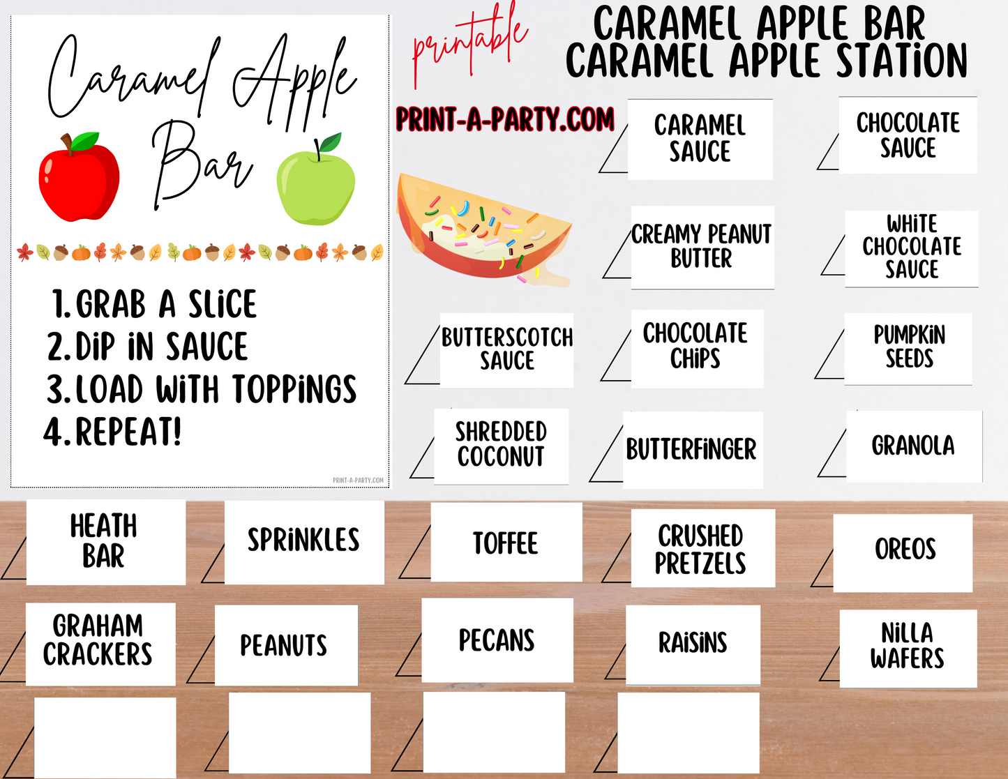 CARAMEL APPLE BAR | CARAMEL APPLE STATION Setup - White | Caramel Apple Bar Sign | Food Station for Party | Food Bar for Party | Fall Party Idea | Fall Shower | DIY Make Your Own Caramel Apples