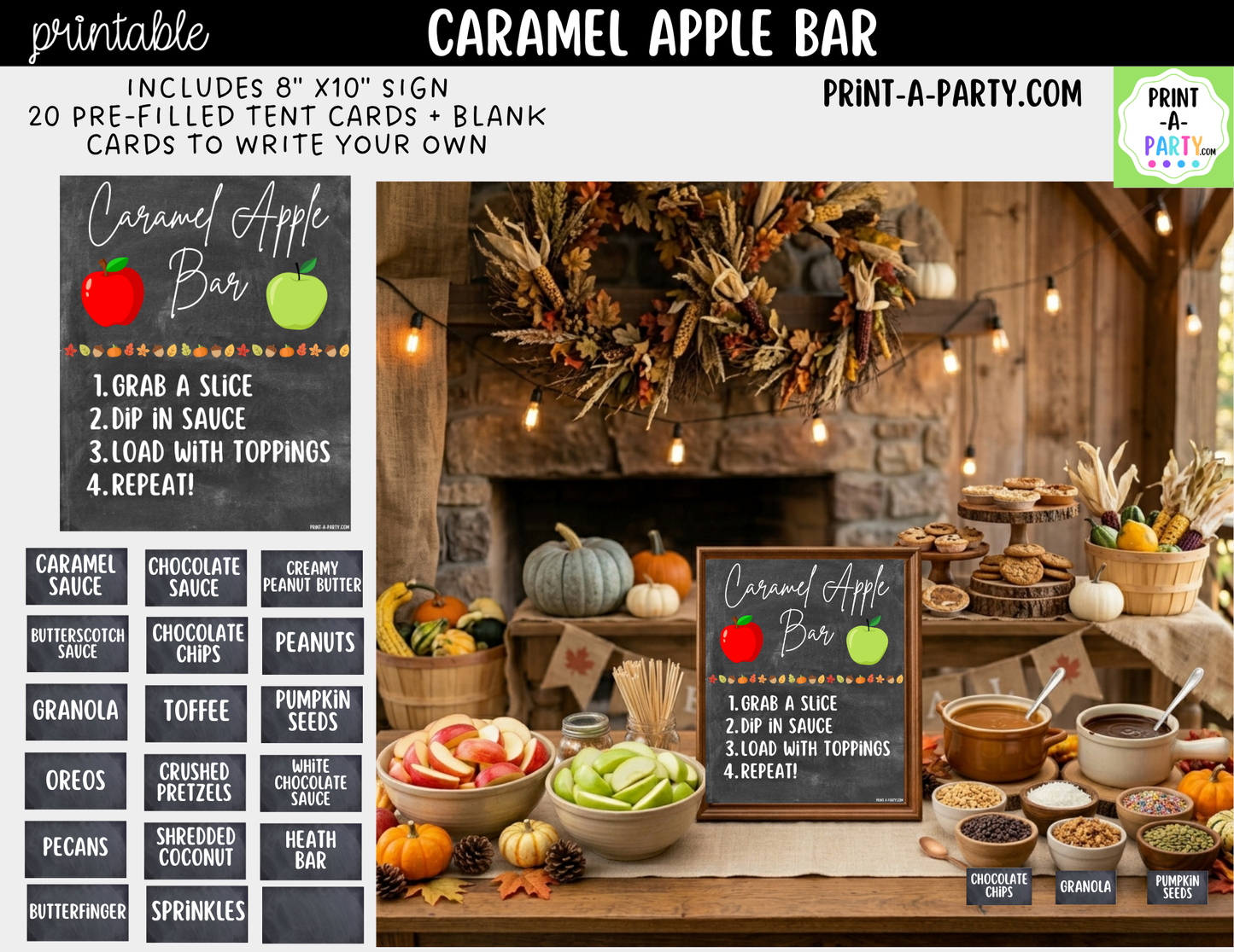 Caramel Apple Bar Printable Sign (8x10) & Topping Tent Cards – Perfect for Fall Parties, Baby Showers, Weddings & More!