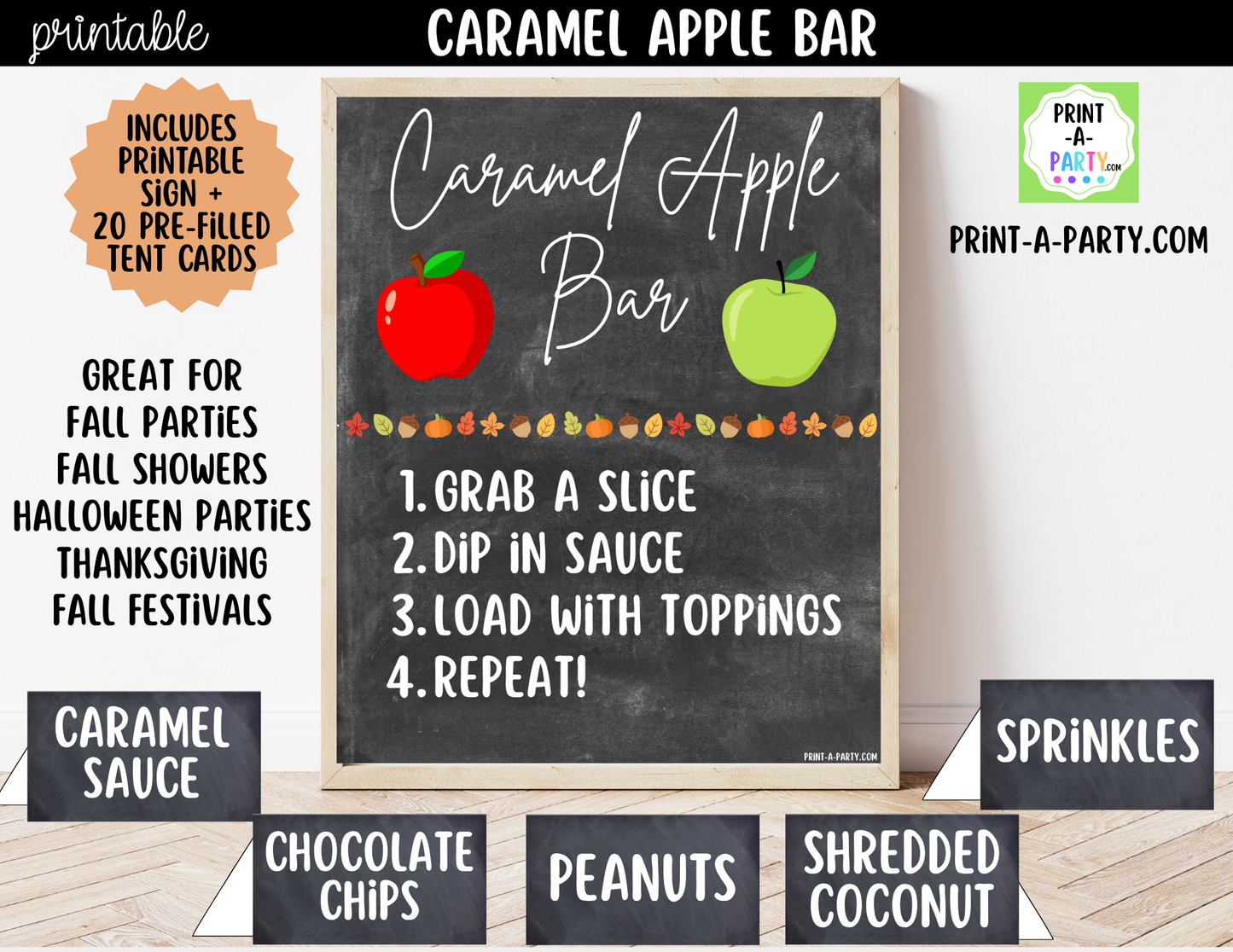 Caramel Apple Bar Printable Sign (8x10) & Topping Tent Cards – Perfect for Fall Parties, Baby Showers, Weddings & More!