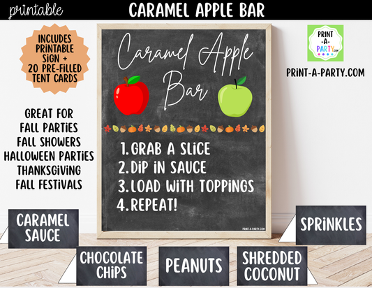 Caramel Apple Bar Printable Sign (8x10) & Topping Tent Cards – Perfect for Fall Parties, Baby Showers, Weddings & More!