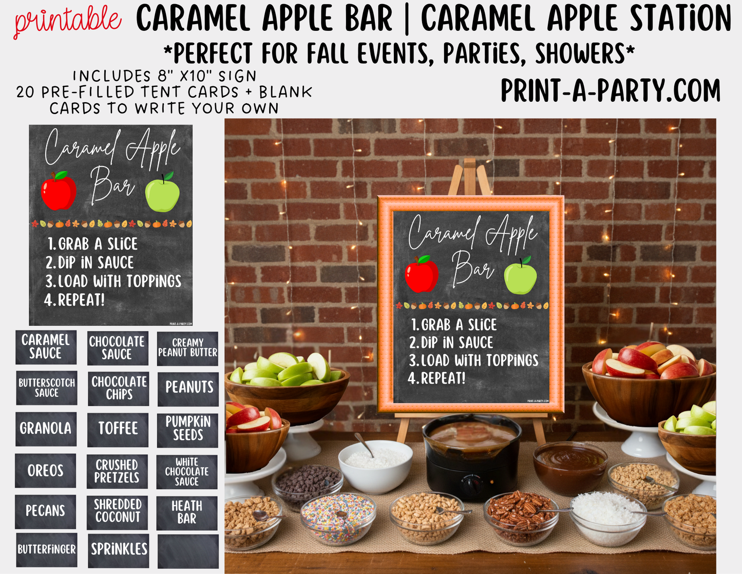 CARAMEL APPLE BAR - Printable Sign & Topping Tent Cards – Perfect for Fall Parties, Baby Showers, Weddings & More!