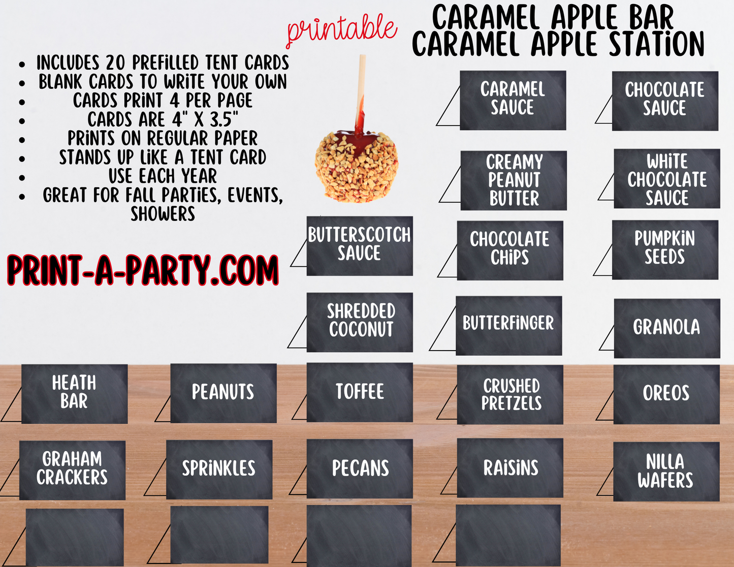 CARAMEL APPLE BAR - Printable Sign & Topping Tent Cards – Perfect for Fall Parties, Baby Showers, Weddings & More!