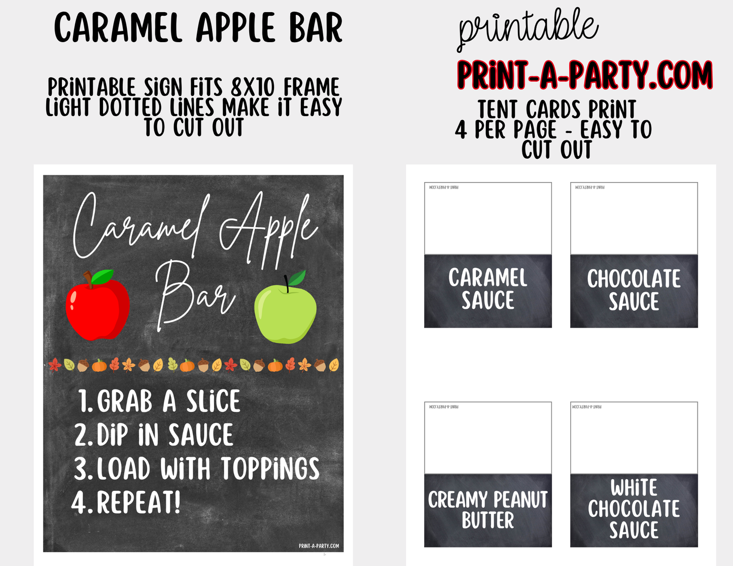 Caramel Apple Bar Printable Sign (8x10) & Topping Tent Cards – Perfect for Fall Parties, Baby Showers, Weddings & More!