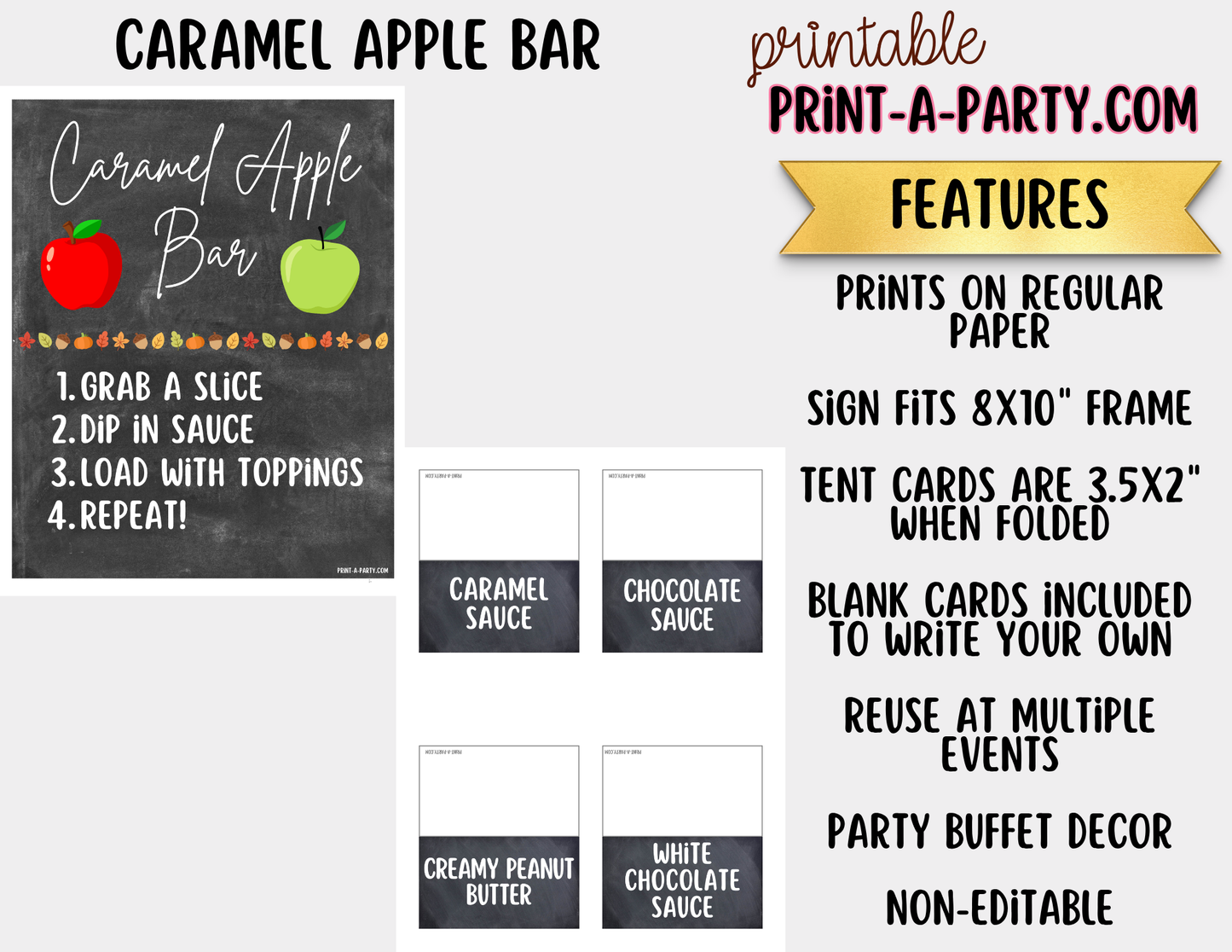Caramel Apple Bar Printable Sign (8x10) & Topping Tent Cards – Perfect for Fall Parties, Baby Showers, Weddings & More!