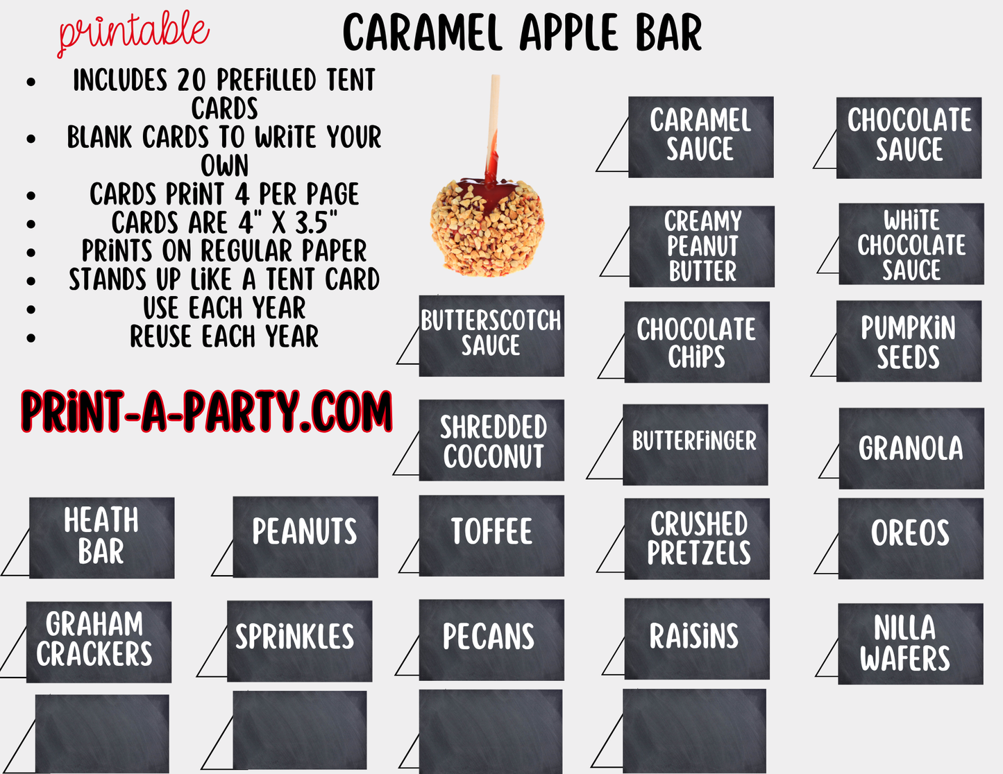 Caramel Apple Bar Printable Sign (8x10) & Topping Tent Cards – Perfect for Fall Parties, Baby Showers, Weddings & More!