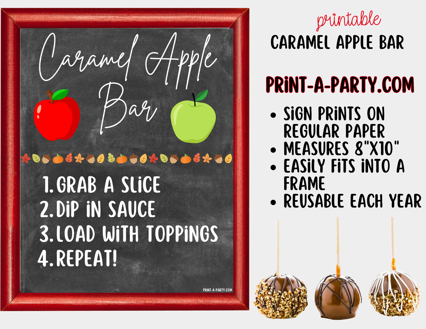 Caramel Apple Bar Printable Sign (8x10) & Topping Tent Cards – Perfect for Fall Parties, Baby Showers, Weddings & More!