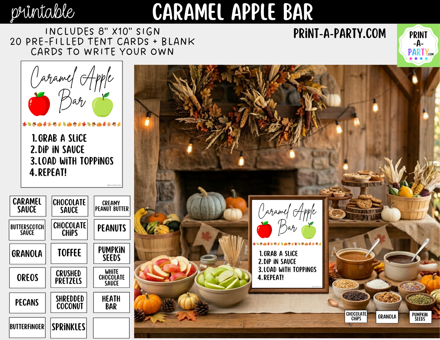 Caramel Apple Bar Printable Sign (8x10) & Topping Tent Cards – Perfect for Fall Parties, Baby Showers, Weddings & More!