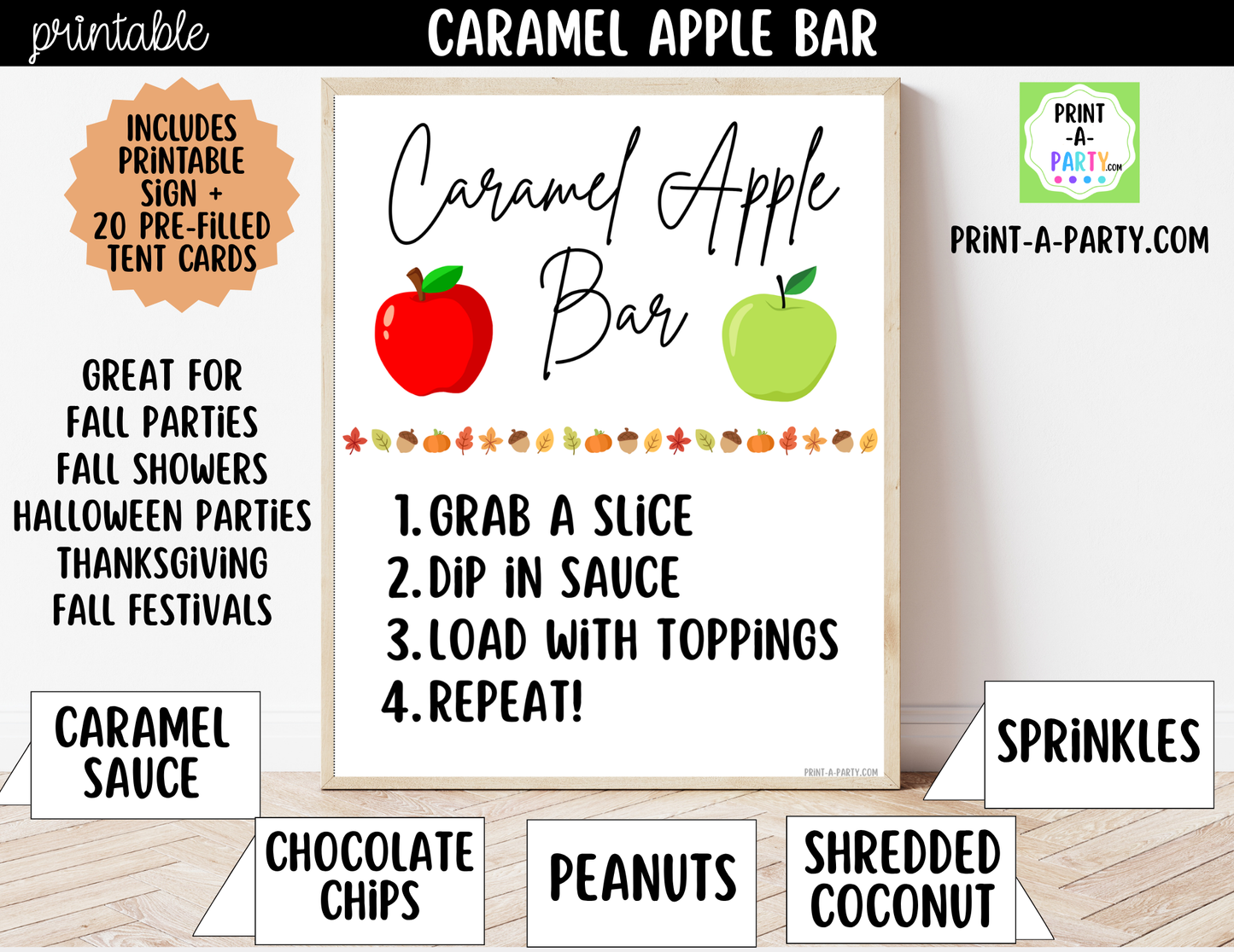 Caramel Apple Bar Printable Sign (8x10) & Topping Tent Cards – Perfect for Fall Parties, Baby Showers, Weddings & More!