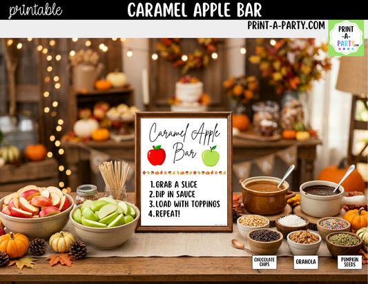 Caramel Apple Bar Printable Sign (8x10) & Topping Tent Cards – Perfect for Fall Parties, Baby Showers, Weddings & More!