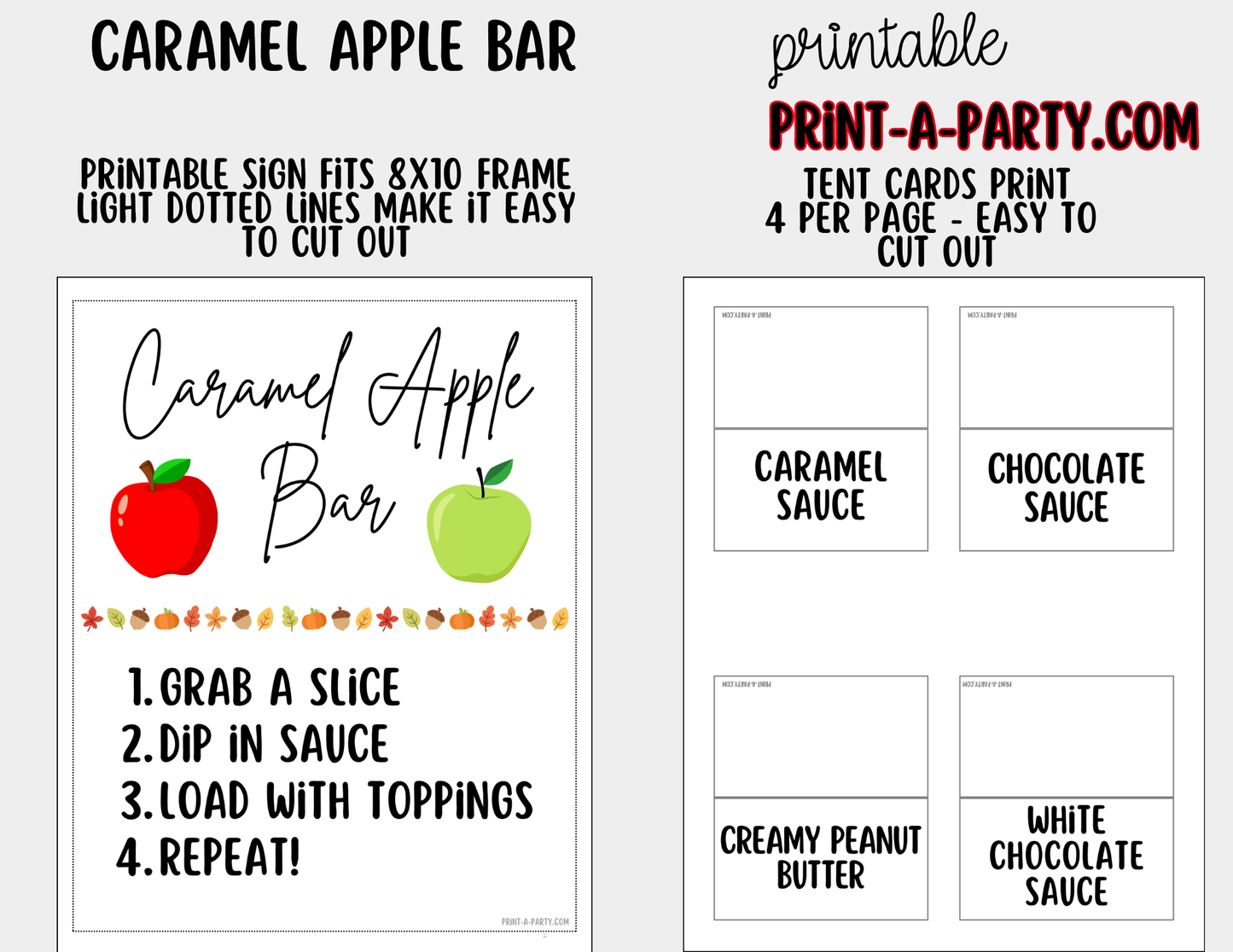 Caramel Apple Bar Printable Sign (8x10) & Topping Tent Cards – Perfect for Fall Parties, Baby Showers, Weddings & More!