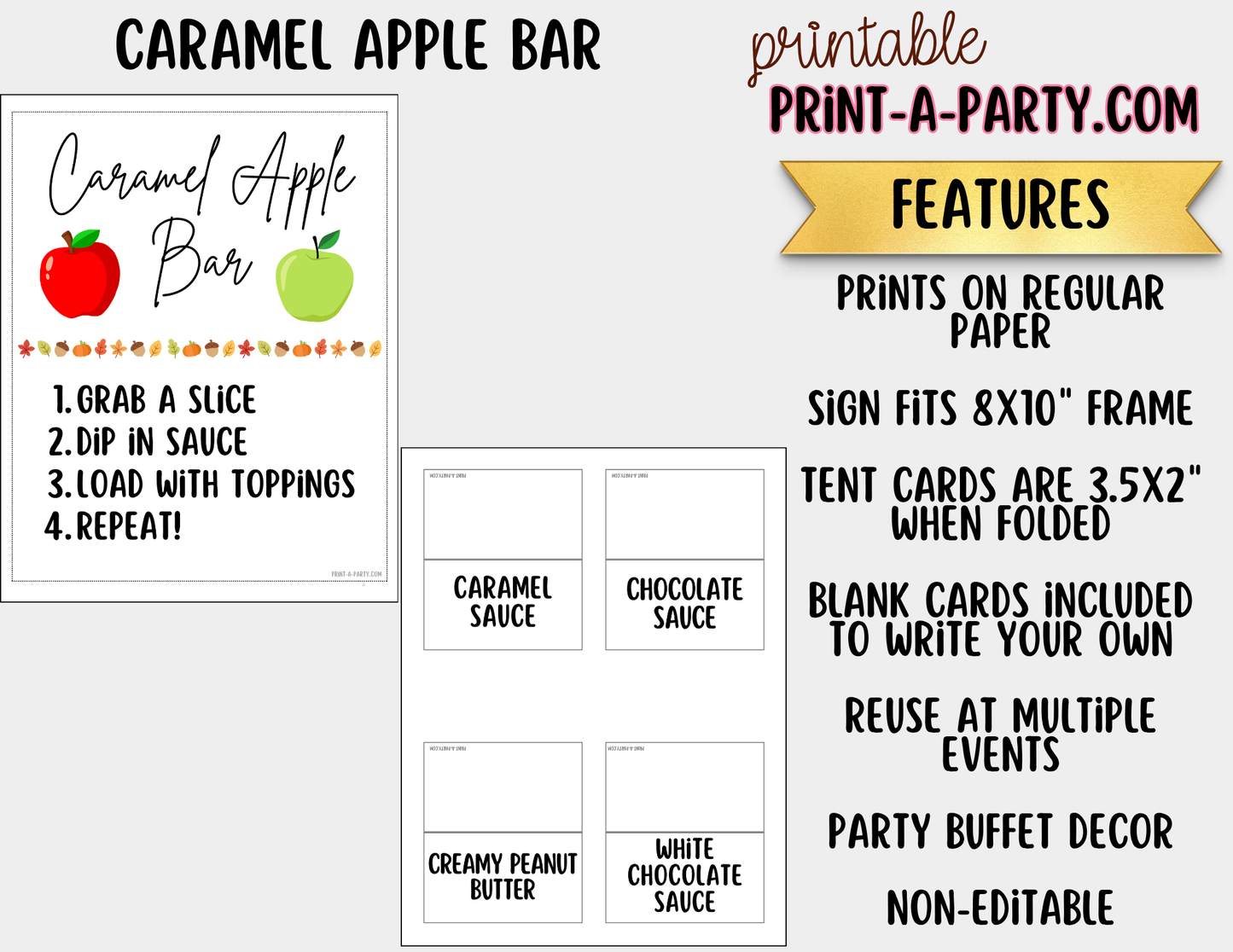 Caramel Apple Bar Printable Sign (8x10) & Topping Tent Cards – Perfect for Fall Parties, Baby Showers, Weddings & More!
