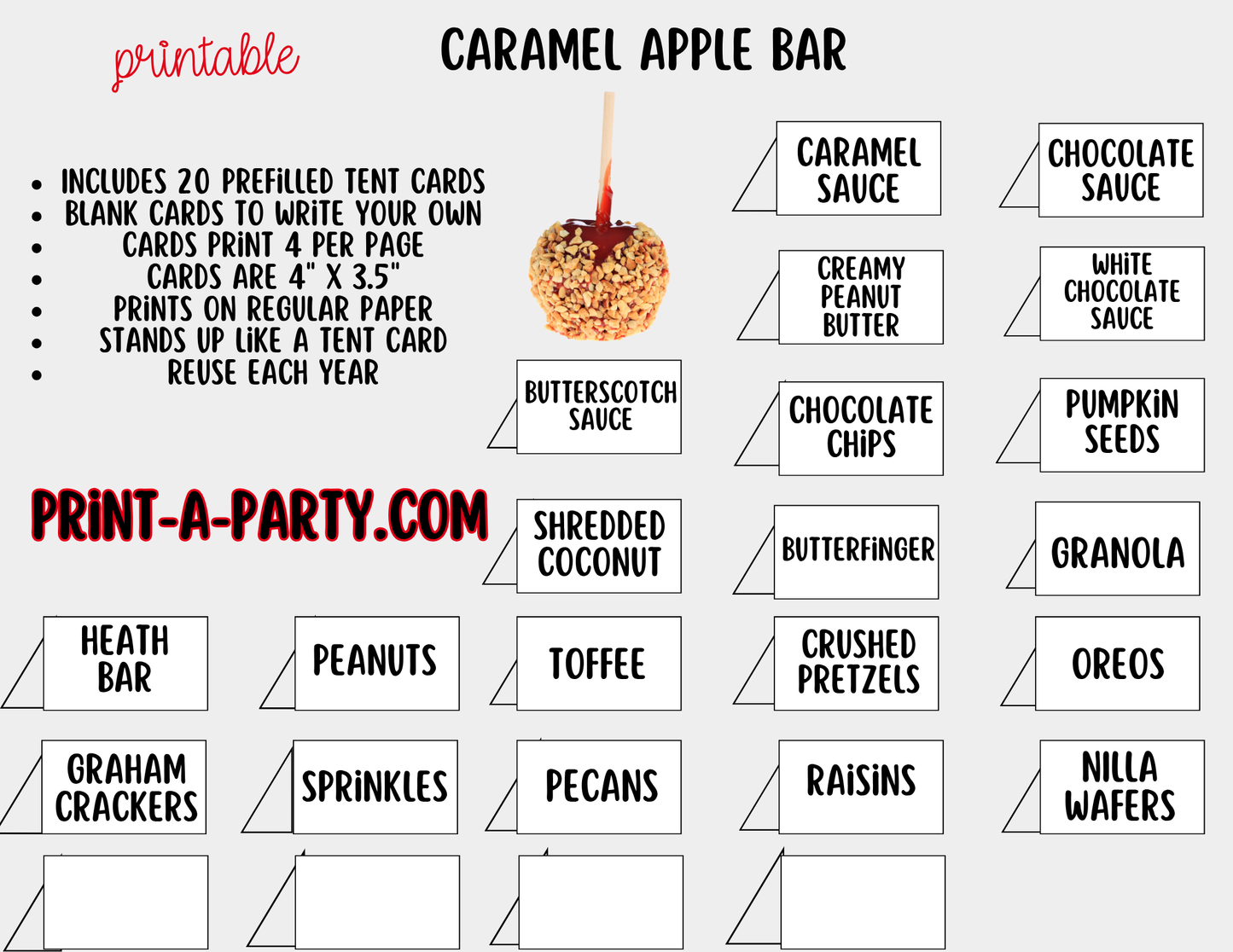Caramel Apple Bar Printable Sign (8x10) & Topping Tent Cards – Perfect for Fall Parties, Baby Showers, Weddings & More!